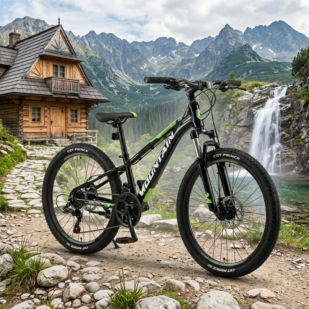 rower w górach z wodospadem