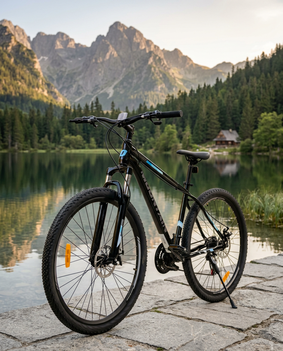 rower w gorach nad jeziorem