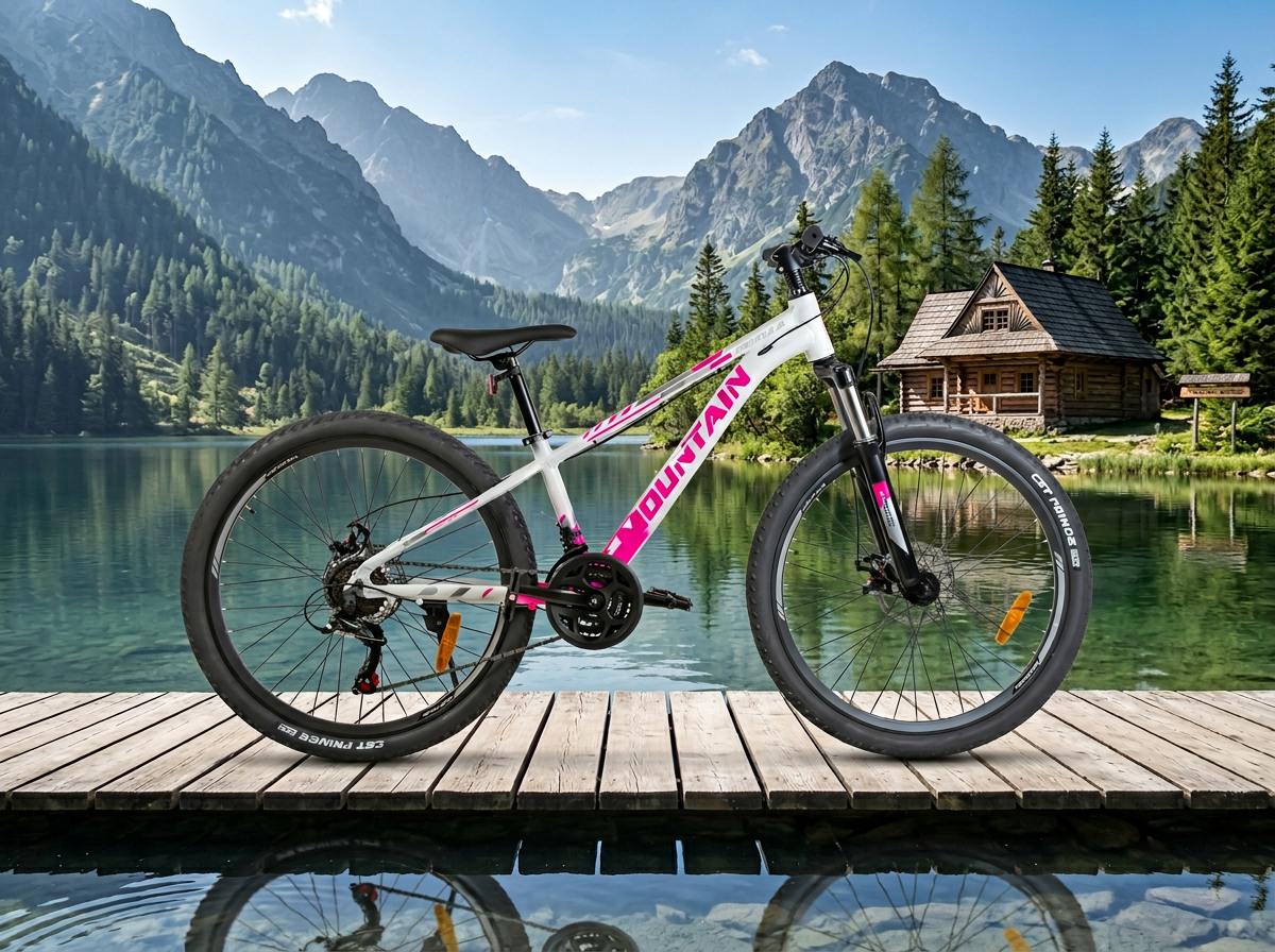 rower nad jeziorem w polskich górach z domkiem, realistyczne tło, zachowany oryginalny rower